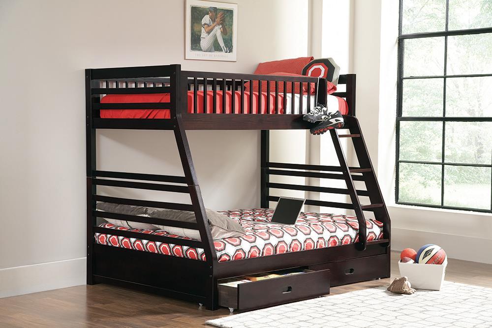 Ashton Twin Over Full 2-drawer Bunk Bed Cappuccino, White, Navy, Honey, & Brown - National Warehouse Furniture (Buffalo, NY)