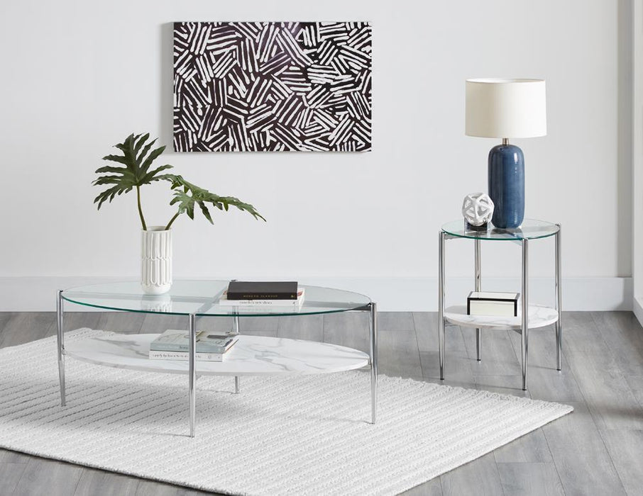 Cadee Round Glass Top Coffee Table White and Chrome - National Warehouse Furniture (Buffalo, NY)